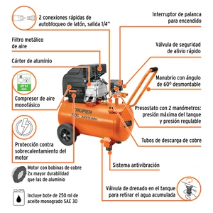 Compresor de aire, lubricado,horizontal 50L 3½HP 127V Truper