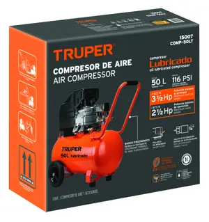 15007 / COMP-50LT Compresor de aire, lubricado,horizontal 50L 3½HP 127V Truper