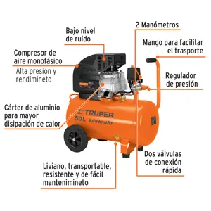 15007 / COMP-50LT Compresor de aire, lubricado,horizontal 50L 3½HP 127V Truper