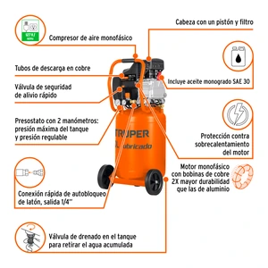 Compresor de aire, lubricado, vertical 50L 3½HP 127V Truper