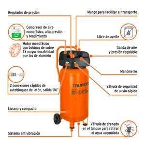 Compresor libre de aceite compacto 50L, 3HP 127V Truper