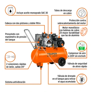 Compresor de aire, con banda, horizontal 60L 4HP 127V Truper