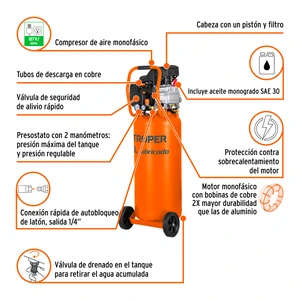 Compresor de aire, lubricado, vertical 80L 3½HP 127V Truper