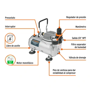 Compresor de diafragma para aerógrafo, 1/5 HP, 110 V, Truper