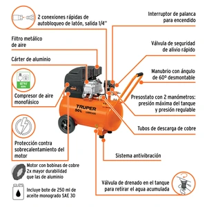 Kit Compresor de aire 50L 3½HP, manguera y pistola, Truper