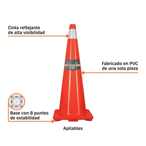 Cono de precaución de 90 cm de PVC con reflejante, Truper
