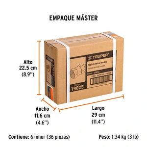 Cople de latón, tipo FF, cuerda 1/4 NPT, Truper