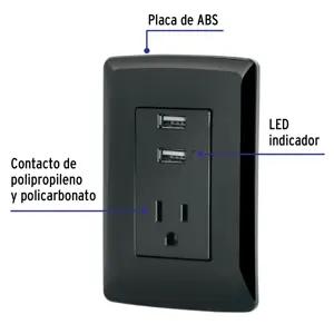 Volteck Contacto aterrizado + 2 puertos USB, negro, línea Italiana