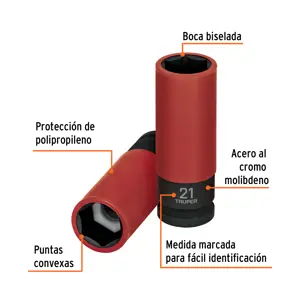 Truper Dado largo impacto prot. plást. 21 mm, 6 puntas, cuadro 1/2