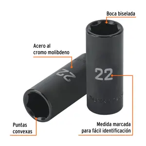 Dado largo impacto de 22 mm, 6 puntas, cuadro 1/2