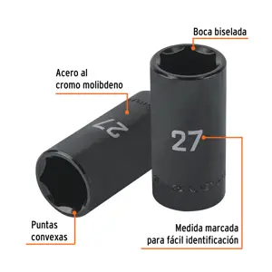 Dado largo impacto de 27 mm, 6 puntas, cuadro 1/2