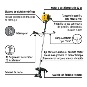 Desmalezadora a gasolina 52 cc mango tipo 