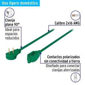 Volteck Extensión eléctrica doméstica 2 m clavija plana, verde