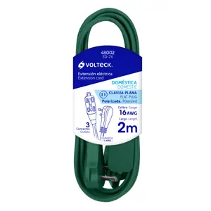 Volteck Extensión eléctrica doméstica 2 m verde con clavija plana