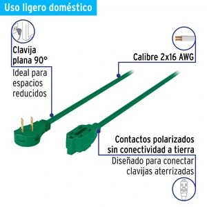 Volteck Extensión eléctrica doméstica 3 m clavija plana, verde