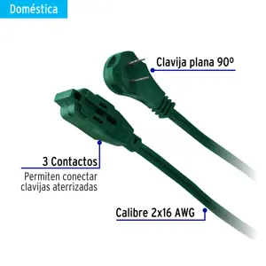 Volteck Extensión eléctrica doméstica 3 m clavija plana, verde