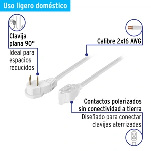 Volteck Extensión eléctrica doméstica 4 m clavija plana, blanca
