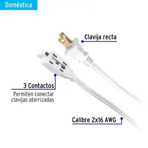 Volteck Extensión eléctrica doméstica 4 m clavija recta, blanca