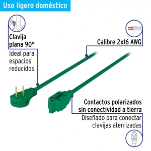 Volteck Extensión eléctrica doméstica 4 m clavija plana, verde