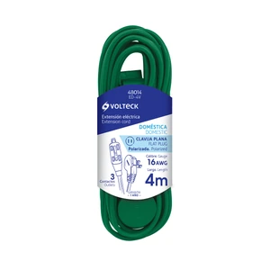 Volteck Extensión eléctrica doméstica 4 m clavija plana, verde
