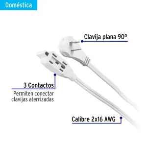 Volteck Extensión eléctrica doméstica 5 m clavija plana, blanca