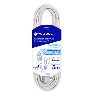 Volteck Extensión eléctrica doméstica 5 m blanca con clavija plana