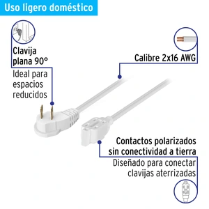 Volteck Extensión eléctrica doméstica 6 m clavija plana, blanca
