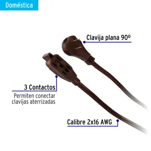 Volteck Extensión eléctrica doméstica 6 m clavija plana, café