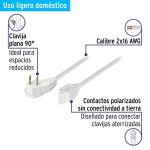 Volteck Extensión eléctrica doméstica 8 m clavija plana, blanca
