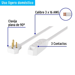 Volteck Extensión doméstica aterrizada 2 m blanca con clavija plana