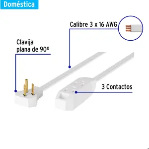 Volteck Extensión doméstica aterrizada 2 m blanca con clavija plana
