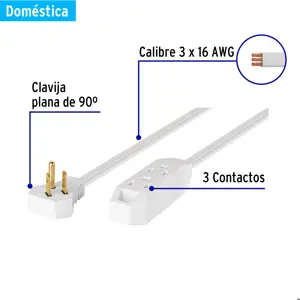 Volteck Extensión doméstica aterrizada 5 m blanca con clavija plana