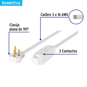 Volteck Extensión doméstica aterrizada 6 m blanca con clavija plana