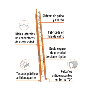 Truper Escalera de extensión, tipo II, 20 peldaños, fibra de vidrio