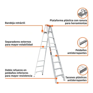 Escalera de tijera tipo ll 8 peldaños y bandeja, Truper