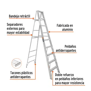 Escalera de tijera 100% aluminio tipo ll 8 peldaños, Truper