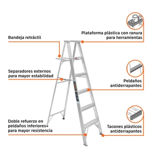 Escalera de tijera 100% aluminio tipo lll 5 peldaños, Truper