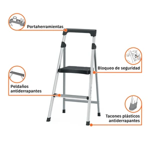 Escalera tubular plegable, 2 peldaños, aluminio, Truper
