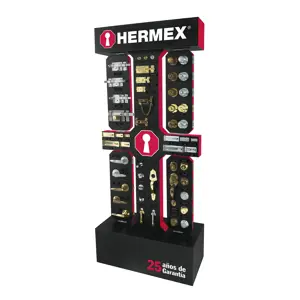 Exhibidor de piso con productos de cerrajería Hermex