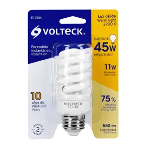 Lámpara espiral mini T2 11 W luz cálida en blíster, Volteck