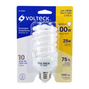 Lámpara espiral mini T2 25 W luz cálida en blíster, Volteck