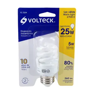 48201 / FC-5EM Lámpara espiral mini T2 5 W luz cálida en blíster, Volteck