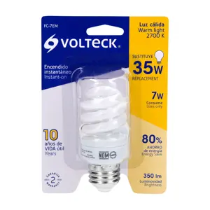 48203 / FC-7EM Lámpara espiral mini T2 7 W luz cálida en blíster, Volteck