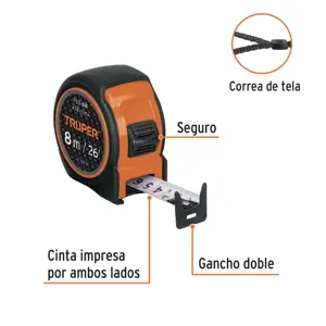 Flexómetro compacto contra impactos 8 m cinta 25 mm, TRUPER