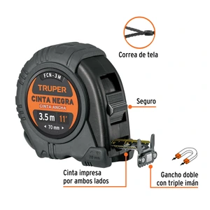 Flexómetro contra impactos 3 m, Cinta Negra 13 mm, Truper