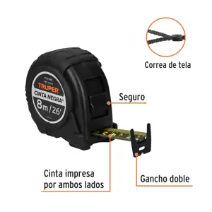 Flexómetro contra impactos 8 m, Cinta Negra 25 mm, Truper