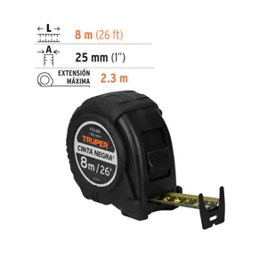 Flexómetro contra impactos 8 m, Cinta Negra 25 mm, Truper