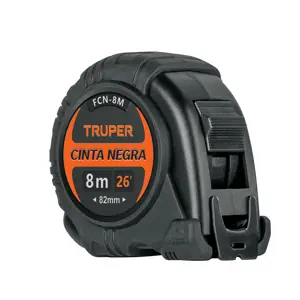 11747 / FCN-8M Flexómetro contra impactos 8 m, Cinta Negra 25 mm, Truper