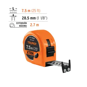 Expert Flexómetro XTRA 7.5 m cinta extra ancha 28 mm, Truper