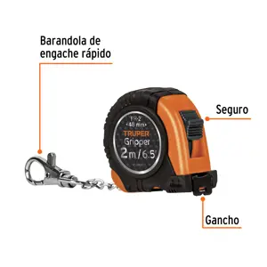 Flexómetro Gripper de 2 m tipo llavero, cinta 13 mm, Truper